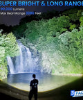 3 Pack Rechargeable 99,000 Lumens LED Flashlights illuminating a waterfall at night, showcasing long-range focus and brightness.