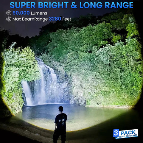 3 Pack Rechargeable 99,000 Lumens LED Flashlights illuminating a waterfall at night, showcasing long-range focus and brightness.