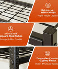 Features of Tough As Nails 5 Tier Metal Shelving Rack With 120 Lbs Per Shelf and Foolproof Leveling Base, showing durable wire shelves and thickened steel tubes.