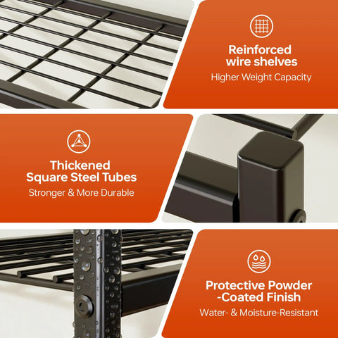 Features of Tough As Nails 5 Tier Metal Shelving Rack With 120 Lbs Per Shelf and Foolproof Leveling Base, showing durable wire shelves and thickened steel tubes.