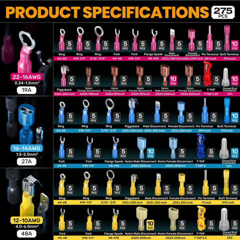 275-piece Pro Grade Marine Heat Shrink Wire Connector Kit with Crimp Tool in 48 Sizes, 22-10 AWG terminals detailed view
