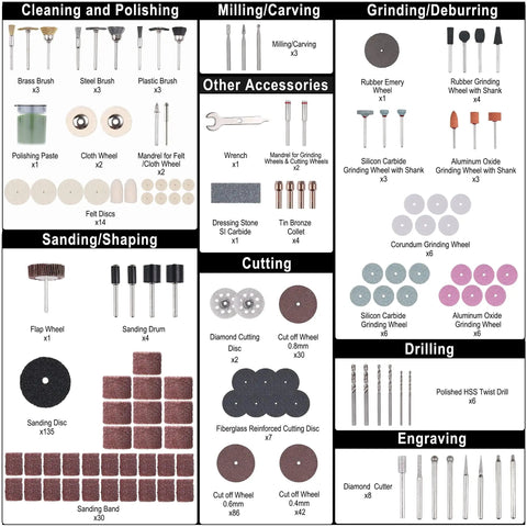 Image of One-Stop Rotary Tool Accessories Kit With 419-Piece Set For One Eighth Inch Shank Bits Perfect For Do-It-Yourself Drilling, Cutting, Grinding, Sanding, Sharpening, Carving And Polishing At Home showing various attachments for cleaning, milling, and more.