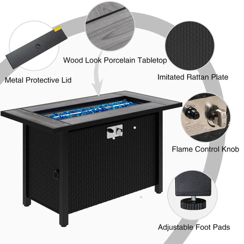 45 Inch Propane Fire Table With 50000 BTU Fire Pit, Glass Wind Guard And Rain Cover, 3 In 1 Outdoor Table, Wood Look Porcelain Top