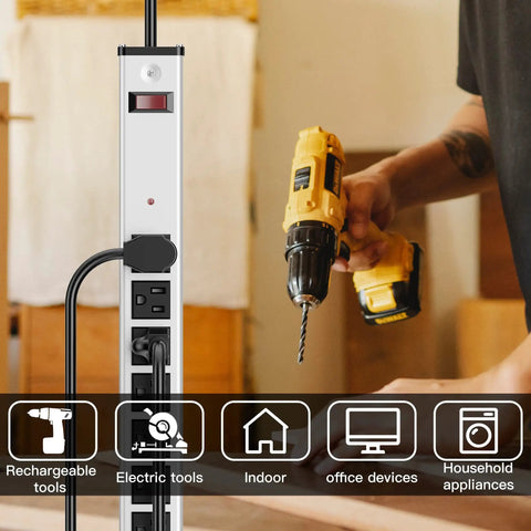 Ten Outlet Aluminum Power Strip With 6 Ft Extension Cord Heavy Duty 15A 125V 1875W Industrial Grade Black Sockets On Silver Housing USB Ports Ideal For Workshop Garage Office School next to a person using a drill in a workshop setting.
