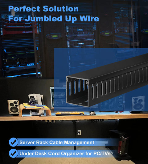 2x2 Inch Cable Raceway for under desk cable management, open slot wire duct hider, durable PVC cable channel in black, installed in office setup