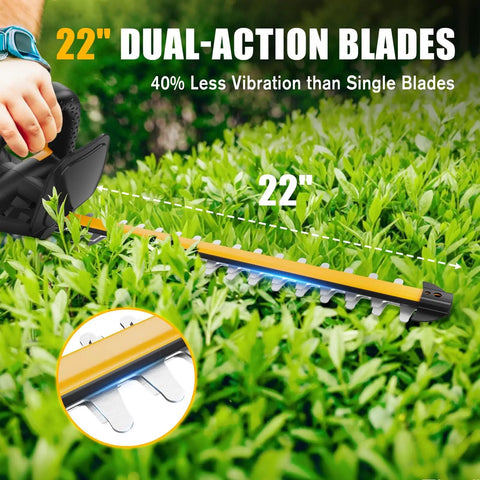 Close-up of a 22-inch dual-action blade cutting shrubs, advertising 40% less vibration, focusing on cordless operation