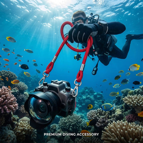 Diver using Diving Camera Lanyard With 360 Degree Retractable Rotation for Underwater Housings, Durable Stainless Steel Clips