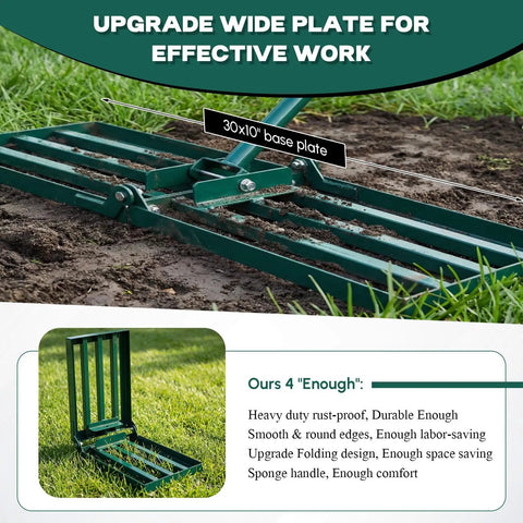 Heavy Duty Lawn Leveling Rake With 30 By 10 Inch Ground Plate shown on grass, highlighting rust-proof carbon steel construction for yard use