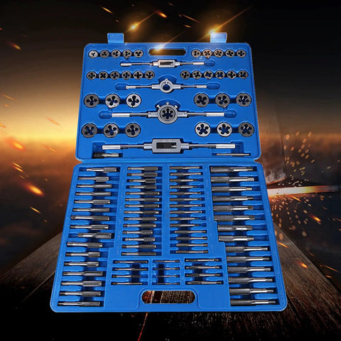 Super Cool Shipenophy 110 Piece Metric Tap And Die Kit With Carbon Steel Tools Covering M2 To Big Sizes Plus Wrench For Serious DIY Repairs in blue case