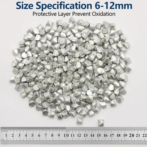Pure Aluminum Pellets Ninety Nine Point Six Percent High Purity For Metal Casting And Melting One Pound with ruler scale shown