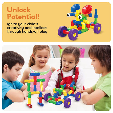 Children playing with 136-Piece Tubular Pipes And Spout STEAM Interlocking Building Block Set With Storage Box Tube Locks