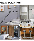 Rock Solid Five Foot Indoor Outdoor Stair Handrail Wall Mount Industrial Pipe Style Galvanized Steel Railing For Stairs and Steps displaying versatile applications including stair handrail, towel bar, door handle, and toe kick rail.