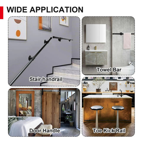 Rock Solid Five Foot Indoor Outdoor Stair Handrail Wall Mount Industrial Pipe Style Galvanized Steel Railing For Stairs and Steps displaying versatile applications including stair handrail, towel bar, door handle, and toe kick rail.