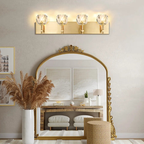 4 Light Crystal Bathroom Vanity Light Fixture Over Mirror With Gold Chrome Finish And Round Shade Wall Sconce Modern Bath Lighting