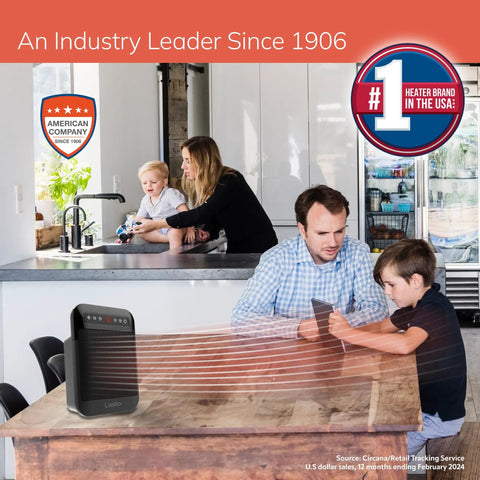 Family in kitchen with Cozy Up With MyHeat Max Portable Ceramic Space Heater For Indoor Use With Tip Over Switch