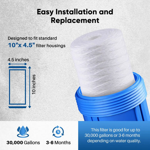 5 Micron Whole House String Wound Sediment Filter 10 X 4.5 Inch For Well Water Replacement Cartridge Reduces Up To 99 Percent