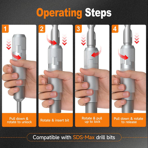 Operating steps for Heavy-Duty SDS Plus To SDS Max Adapter showing bit insertion and locking for secure use.
