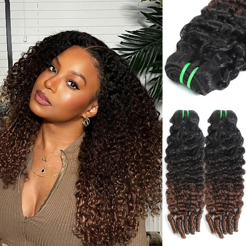 Woman wearing Ombre Burmese Curly Hair Bundles 20 Inch Two Pack T1B/2/30 Chestnut Brown Ombre 100 Percent Real Human Hair