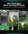 Heavy Duty Smart WiFi Power Strip With 10 Pre Configured Outlets For Zero Hassle Grow Room Automation And Slick App Controlled Lighting Fans Climate Rig showing humidifier, fan and plants in grow room.