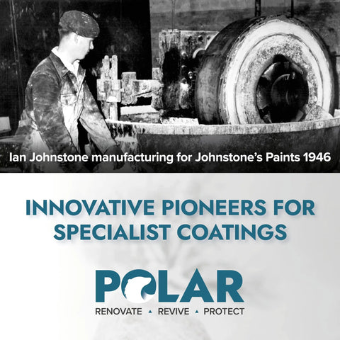 Historical photo of Ian Johnstone manufacturing for Johnstone's Paints in 1946, highlighting Polar's legacy in specialist coatings.