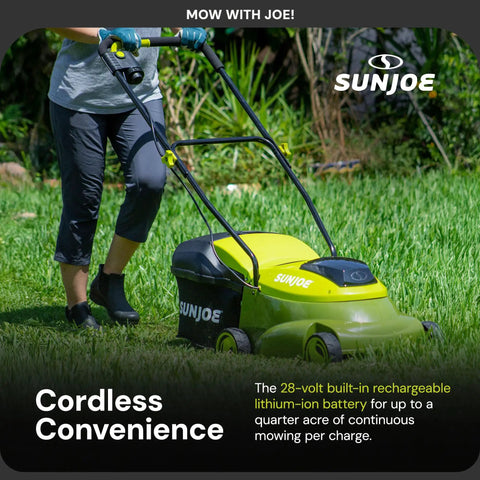 Person using Cordless Electric Push Lawn Mower With 14 Inch Cutting Width, 28V 4Ah Battery, 10.6 Gallon Grass Bag on lawn