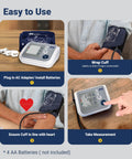 UA-767FAC A&D Medical home blood pressure monitor with wide 22-42 cm cuff and AC adapter; four-panel setup