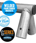 Detail of welded frame corner for Backyard Play Set With 6 Foot Wave Slide, 6 Stations, And Room For Up To 8 Kids, showing galvanized steel frame