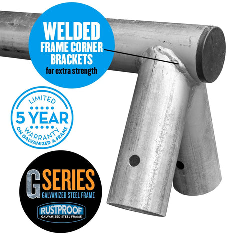 Detail of welded frame corner for Backyard Play Set With 6 Foot Wave Slide, 6 Stations, And Room For Up To 8 Kids, showing galvanized steel frame