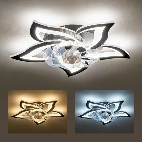 5 Pc Ceiling Fan with Lights Remote Control 24 inch Black 6 Speeds 3 Light, elegant flower-shaped ceiling light with three light settings.