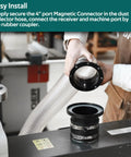 Hands demonstrating the 4 Inch Magnetic Dust Collection Kit with quick connect and rubber coupler for easy installation.