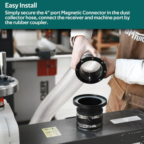 Hands demonstrating the 4 Inch Magnetic Dust Collection Kit with quick connect and rubber coupler for easy installation.