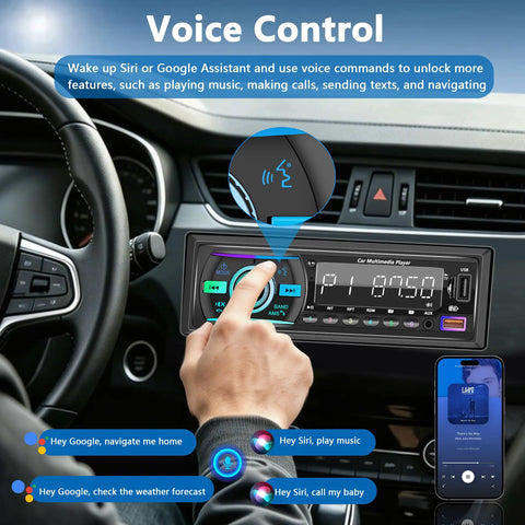 Driver using Bluetooth Single Din Car Stereo With Hands Free Calling, Push To Talk Assistant, and Voice Control