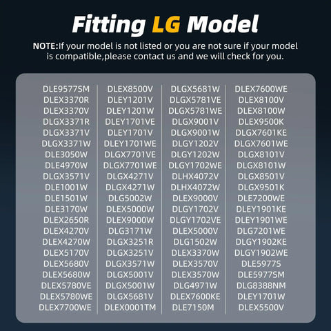 List of LG dryer models compatible with Beefed Up Replacement Dryer Roller Kit For Front Load Dryers With Drum Rollers And Idler Pulleys Plus Belt Includes All Hardware For Quiet Smooth Drying And Longer Life