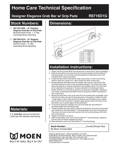 Technical specification sheet for 16 Inch Chrome Bathroom Grab Bar With Comfort Grip Pad For No Slip Stability And Safer Bathing