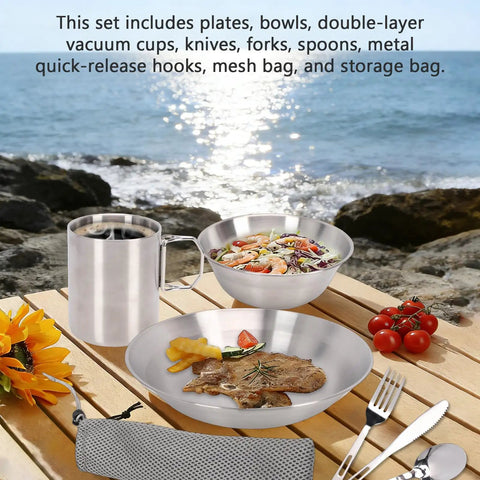 Stainless Steel Camping Mess Kit with Plates Bowls Double Layer Vacuum Cups Knives Forks Spoons and Storage Bag on beach table