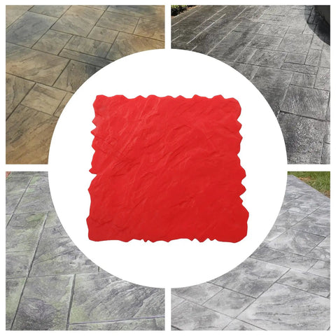 Durable Concrete Stamp Mat 19.69 by 19.69 Inch Seamless Texture Pad Made From Tough Polyurethane Stamp Skin shown with stone tile imprints