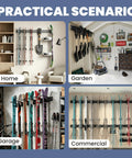 Heavy Duty Ski And Snowboard Wall Mount Rack Hangs And Stashes 6 Pairs Of Boards in a garage setting for organized winter gear.