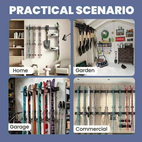 Heavy Duty Ski And Snowboard Wall Mount Rack Hangs And Stashes 6 Pairs Of Boards in a garage setting for organized winter gear.