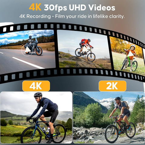 Cyclists using 4K 30Fps Action Camera With GPS Tracker For Cyclists on various terrains, showcasing video quality and versatility.