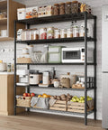 Heavy Gauge Five Tier Carbon Steel Shelving Rack With Reinforced Mesh Panels And Self Leveling Feet holding kitchen supplies and appliances.