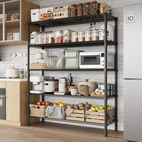Heavy Gauge Five Tier Carbon Steel Shelving Rack With Reinforced Mesh Panels And Self Leveling Feet holding kitchen supplies and appliances.