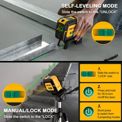 Laser Level With Tripod And Plumb Dots 100 Ft Green Laser Self Leveling Kit showing operation modes and switch settings