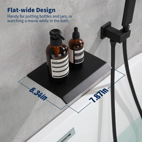 Waterfall Tub Faucet With Handheld Shower Matte Black Wall Mount Bath Filler Combo shelf with bath products