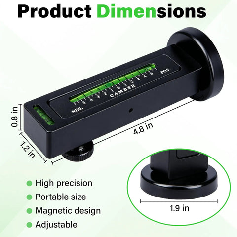 Pro Grade Universal Wheel Alignment Tool With Strong Magnetic Mount And Hella Accurate Negative 5 To 5 Degree Camber Adjustments For Smooth Ride Tuning And Quick Garage Fixes In Black dimensions shown, compact size with magnetic base.