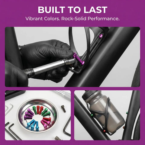Ride Ready 30 Piece M5 Bike Bottle Cage Bolts Kit With Aluminum Socket Head Screws For Road Mountain City Bikes Water Bottle Holder Bracket Mounting Hardware Quick Install And Thread Wear Prevention, purple M5 bolts on bike frame