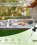96 Ft Outdoor Solar String Lights With Remote And USB Port, Waterproof Patio Garden Lights on wooden deck with seating area.