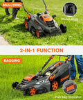 Corded Lawn Mower With 16 Inch Cut And 13 Amp Motor Five Height Settings Easy Vertical Fold Storage Two In One Mulching And Bagging