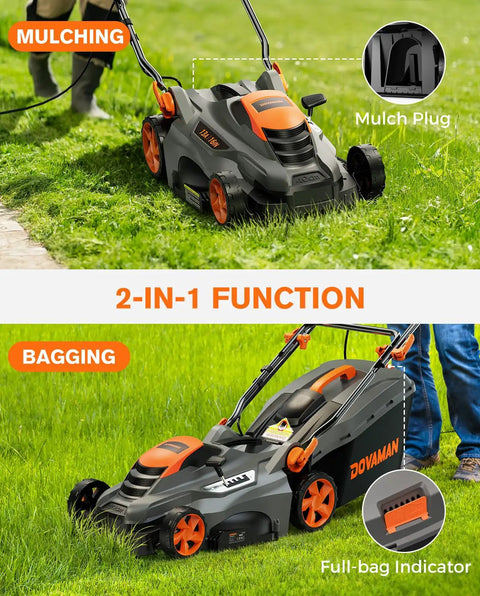 Corded Lawn Mower With 16 Inch Cut And 13 Amp Motor Five Height Settings Easy Vertical Fold Storage Two In One Mulching And Bagging