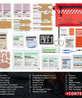 Contents of Ultralight Waterproof First Aid Kit for Hiking and Outdoor Adventures, 114-piece compact medical kit layout.