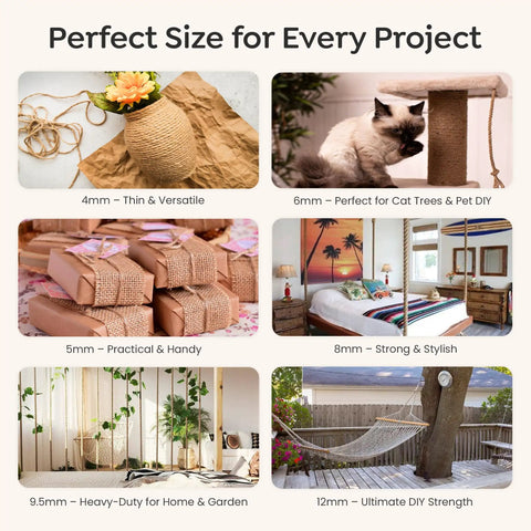 Collage showing uses for All Natural Brazilian Sisal Rope Hundred Percent Sisal Chemical Free Ultra Durable For DIY Projects.